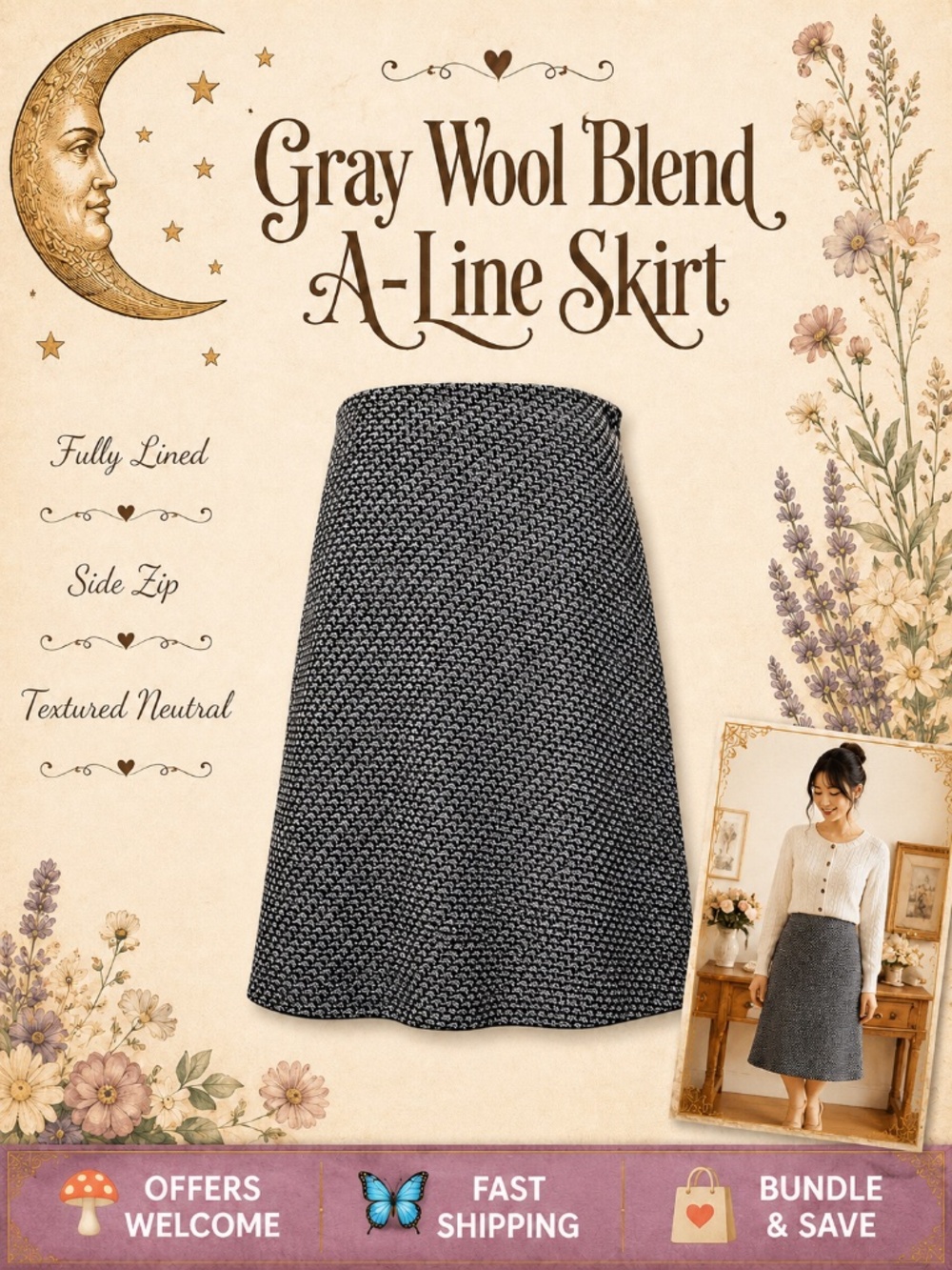 Old Navy Gray Wool Blend A‑Line Skirt Fully Lined Side Zip Size 4